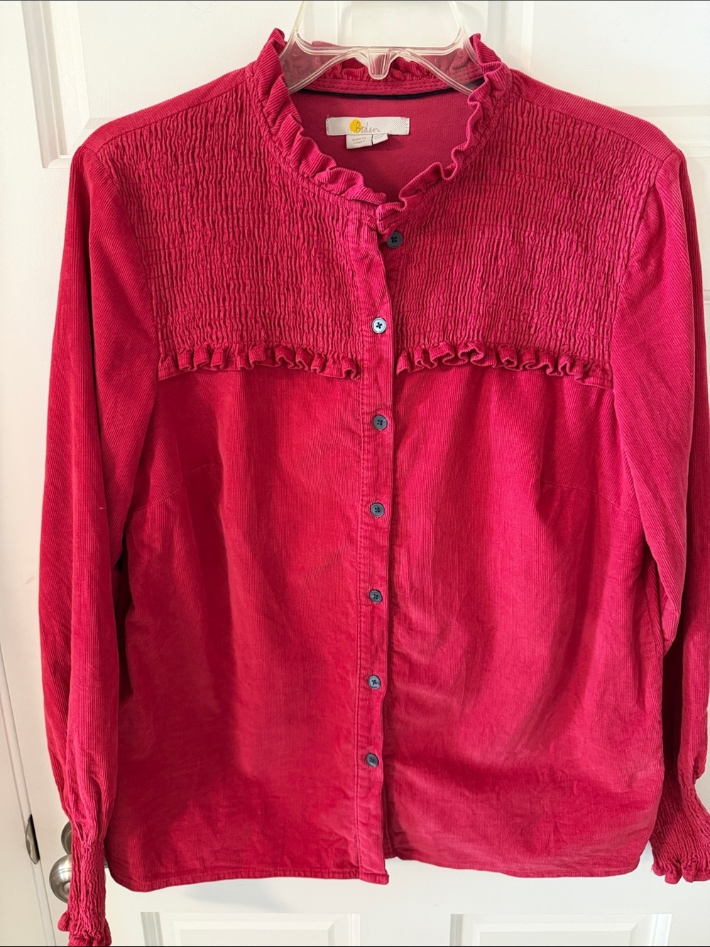 Boden Raspberry Pink Smocked Yoke Ruffle
Corduroy Button Down Blouse Sz. 8